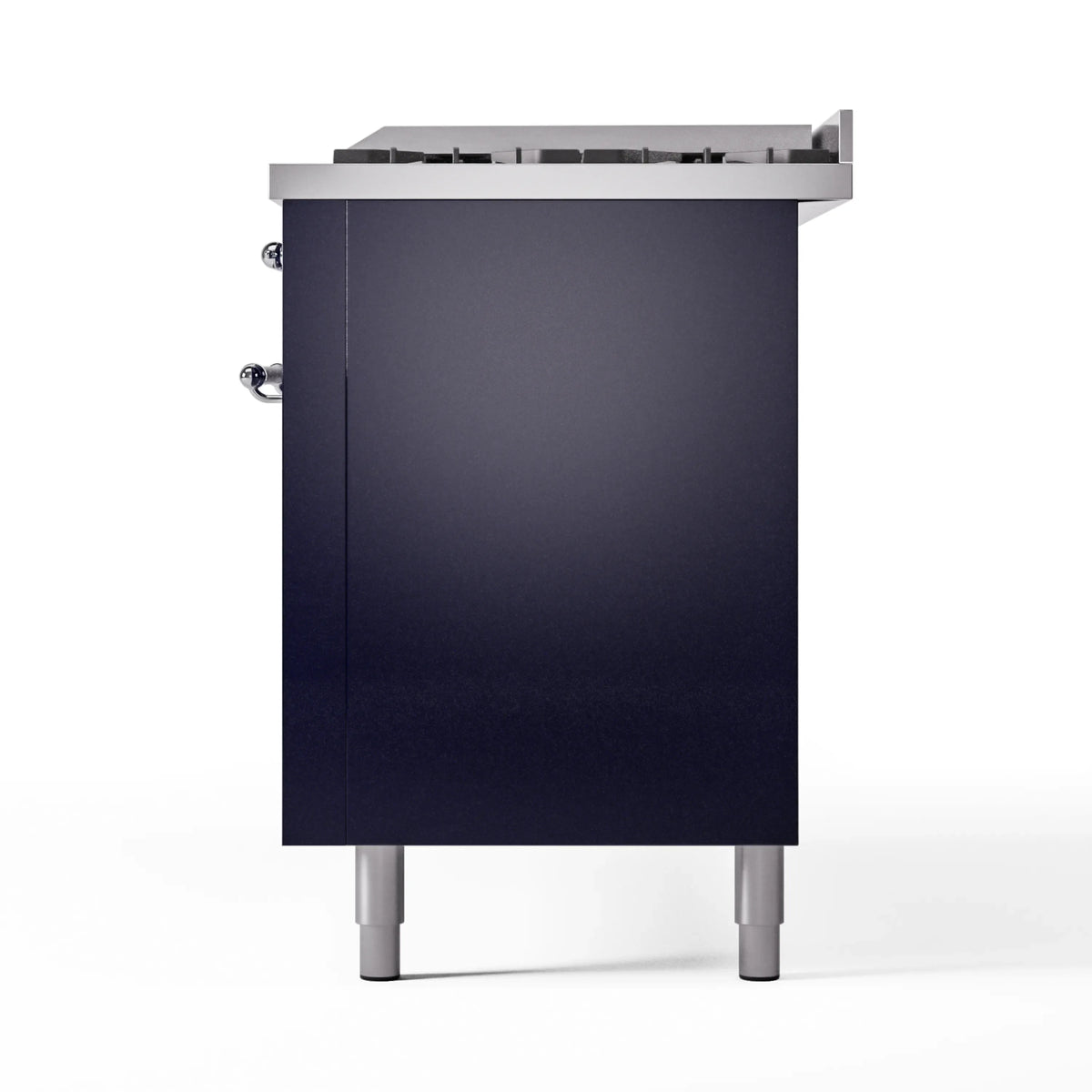 Midnight blue dual fuel gas range side panel with chrome control knob and legs