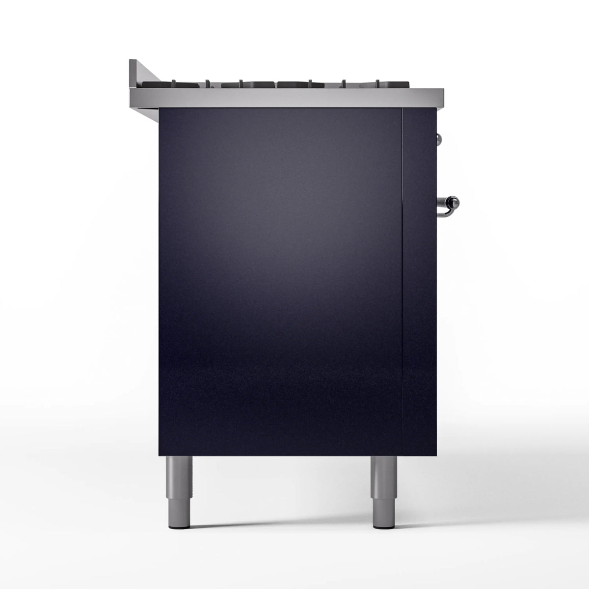 Rear side view of midnight blue dual fuel range with vented back panel