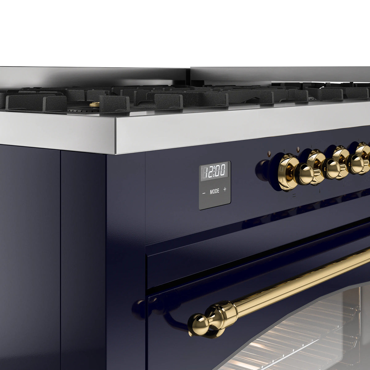 Brass burner knobs and digital clock display on a midnight blue control panel