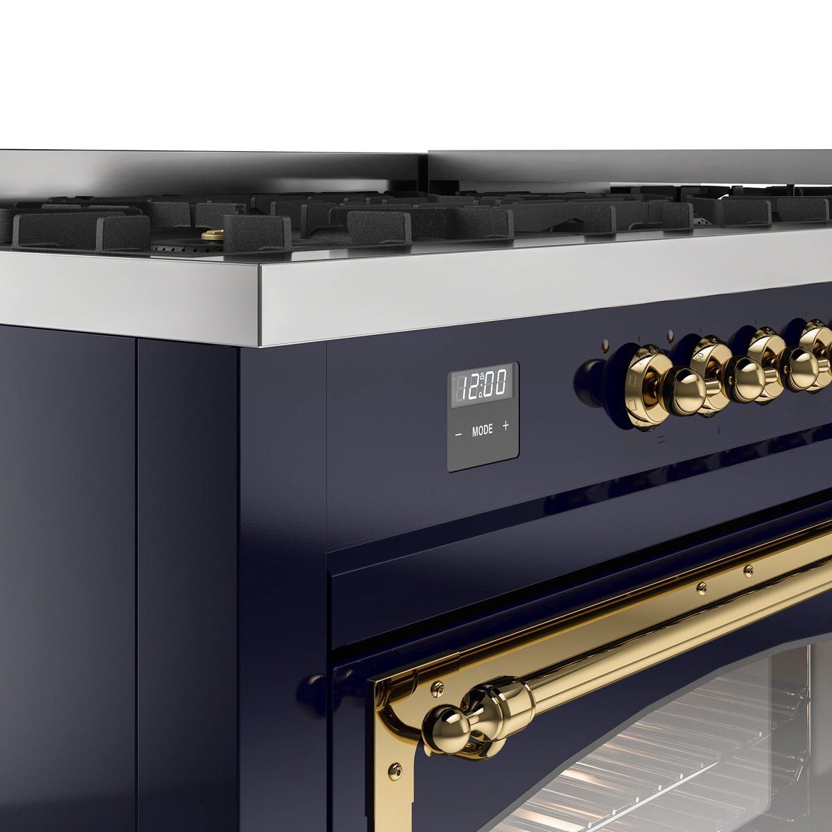 ILVE dual-fuel range control panel with digital display and brass rotary knobs