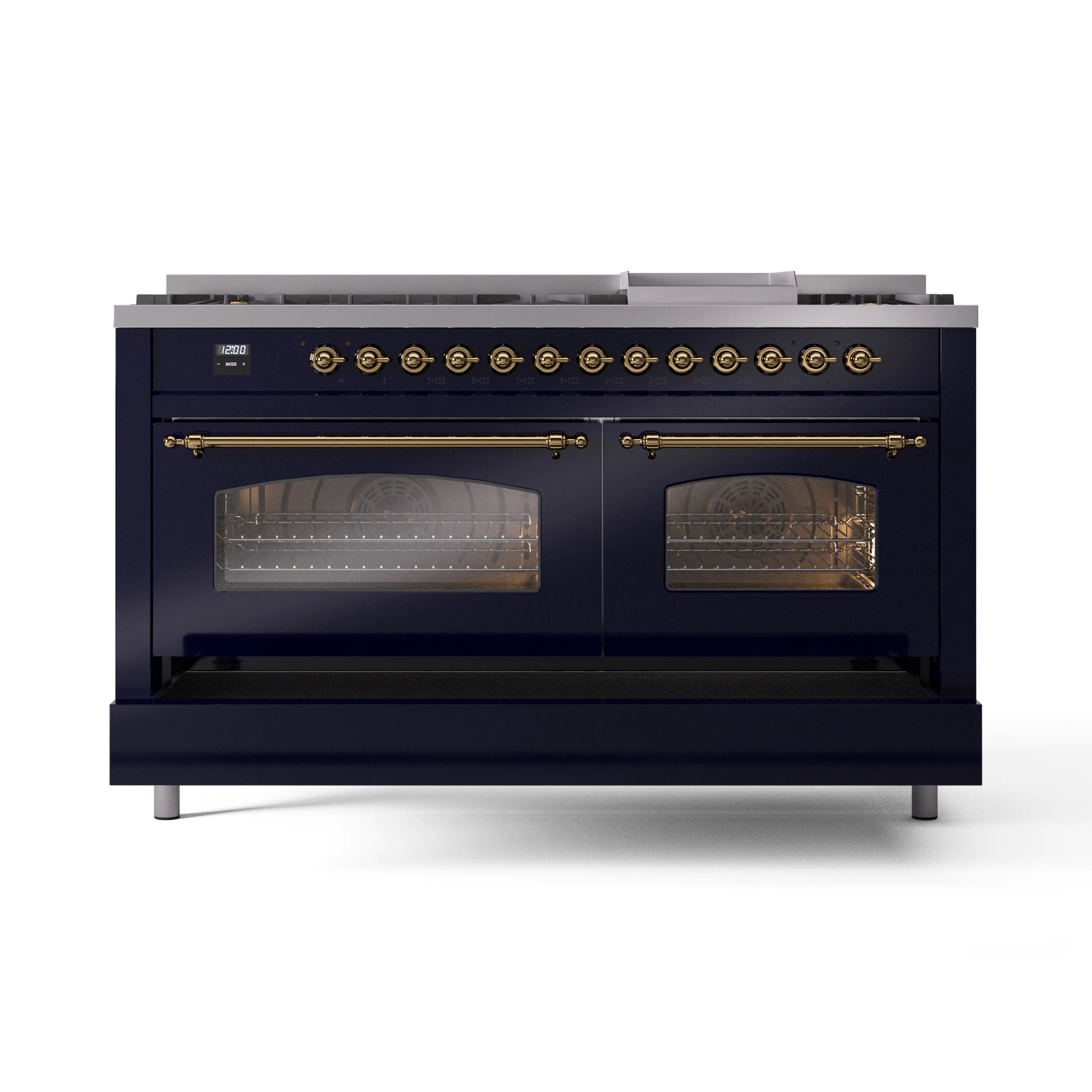 Midnight blue dual fuel gas range with brass trim, twin glass oven doors and burner knobs
