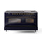 ILVE 60-Inch Nostalgie II Propane Gas Dual Fuel Range with 9 Burners, Griddle and Triple Glass Door Oven in Midnight Blue with Brass Trim (UP60FNMPMBGLP)