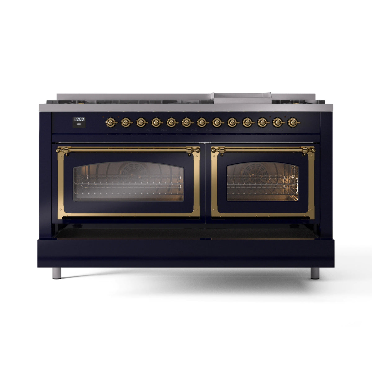 ILVE dual-fuel range in midnight blue with twin brass-framed oven doors and burner grates
