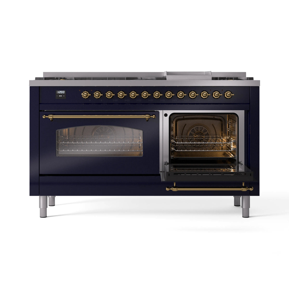 Midnight blue dual fuel gas range with brass trim, left window door closed and right oven open