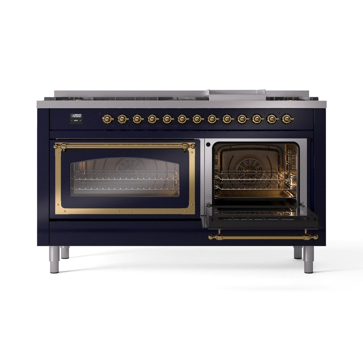 Midnight blue dual fuel range with two open ovens and brass-trim door frames