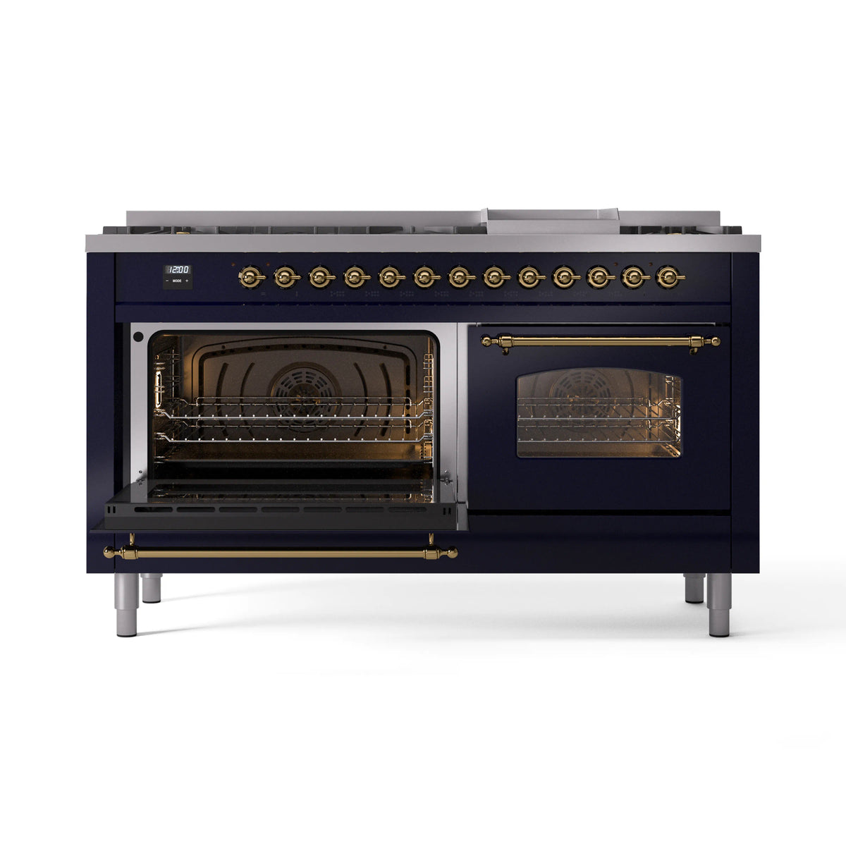 Midnight blue range with brass trim; left oven open and right oven glass door closed
