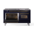 ILVE 60-Inch Nostalgie II Propane Gas Dual Fuel Range with 9 Burners, Griddle and Triple Glass Door Oven in Midnight Blue with Brass Trim (UP60FNMPMBGLP)