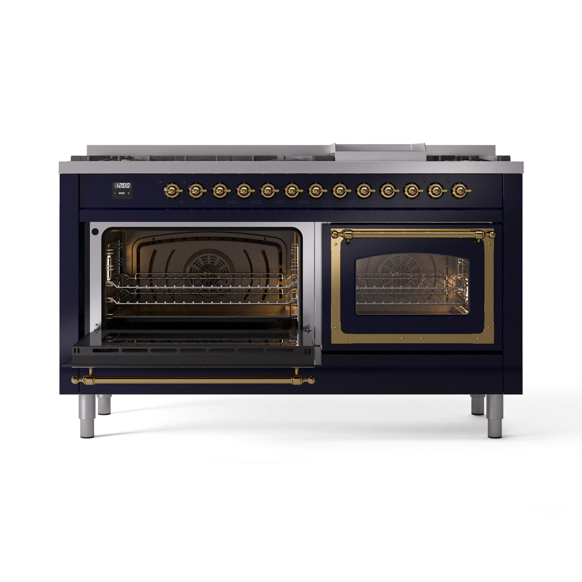Midnight blue dual fuel range with both ovens open, brass trim, and racks inside