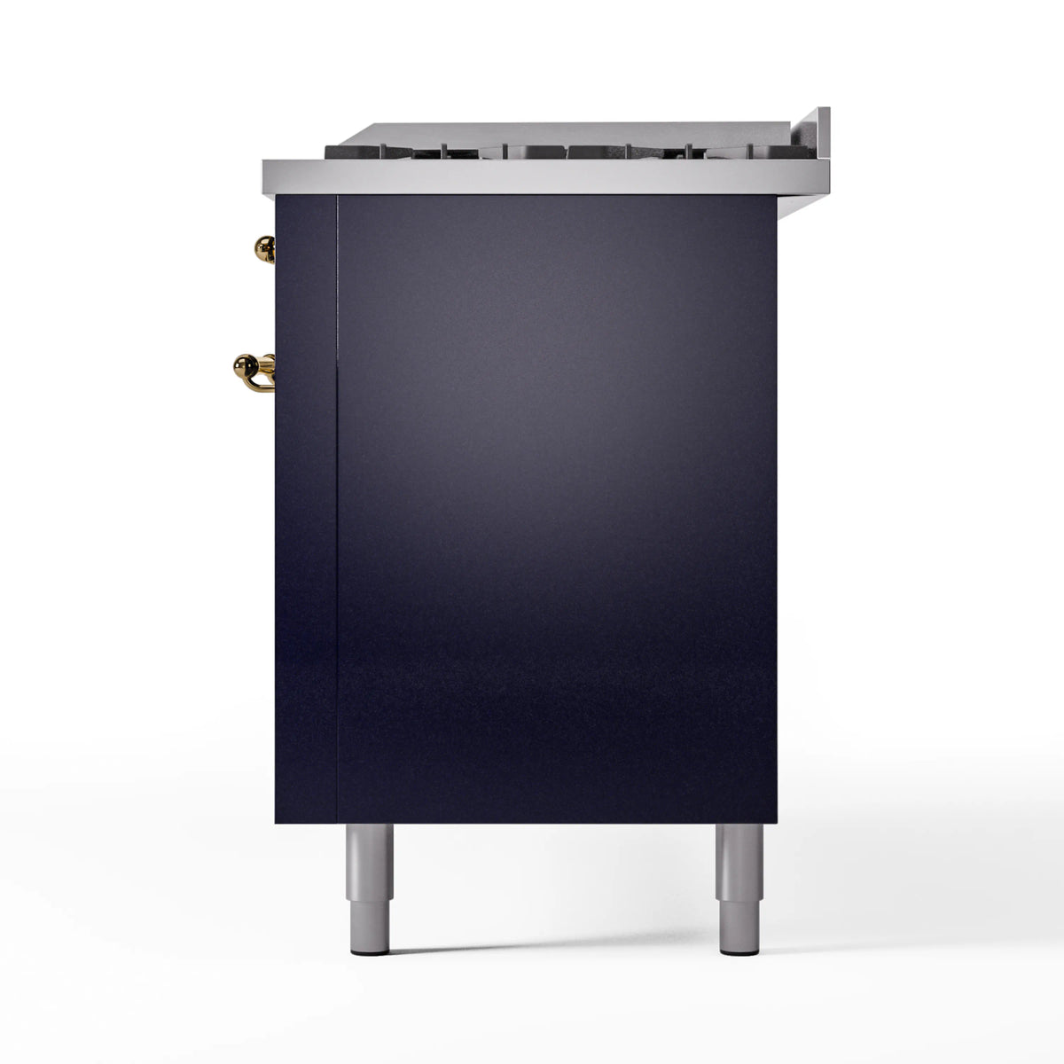 Midnight blue range side panel with brass handle accents and raised cooking top