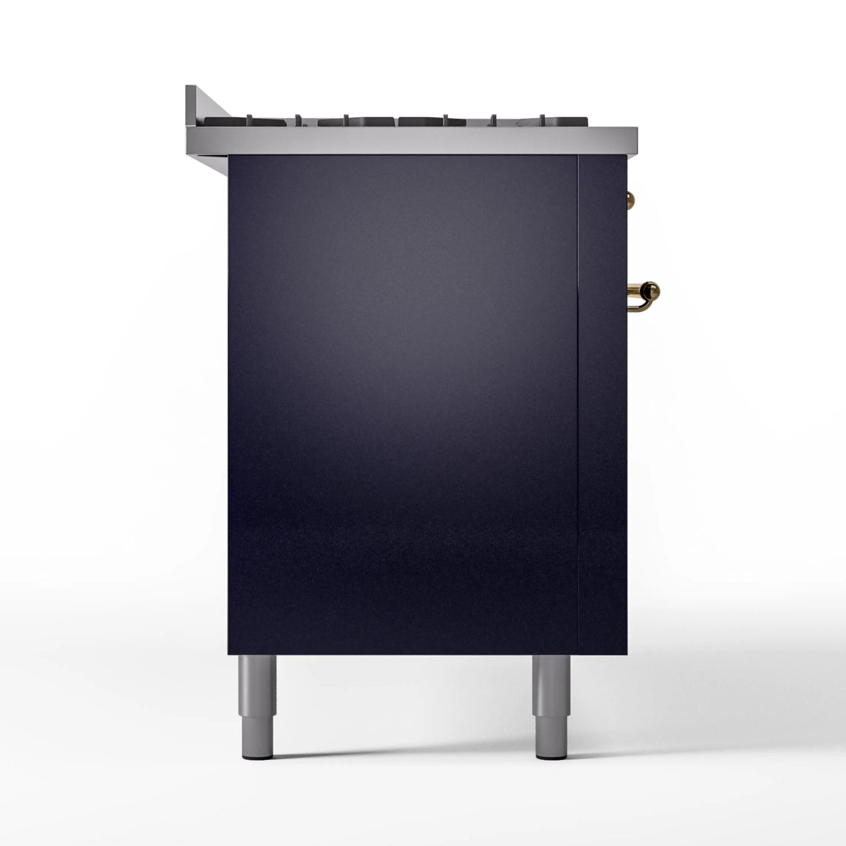 Midnight blue range side profile with stainless feet and burner grate on top