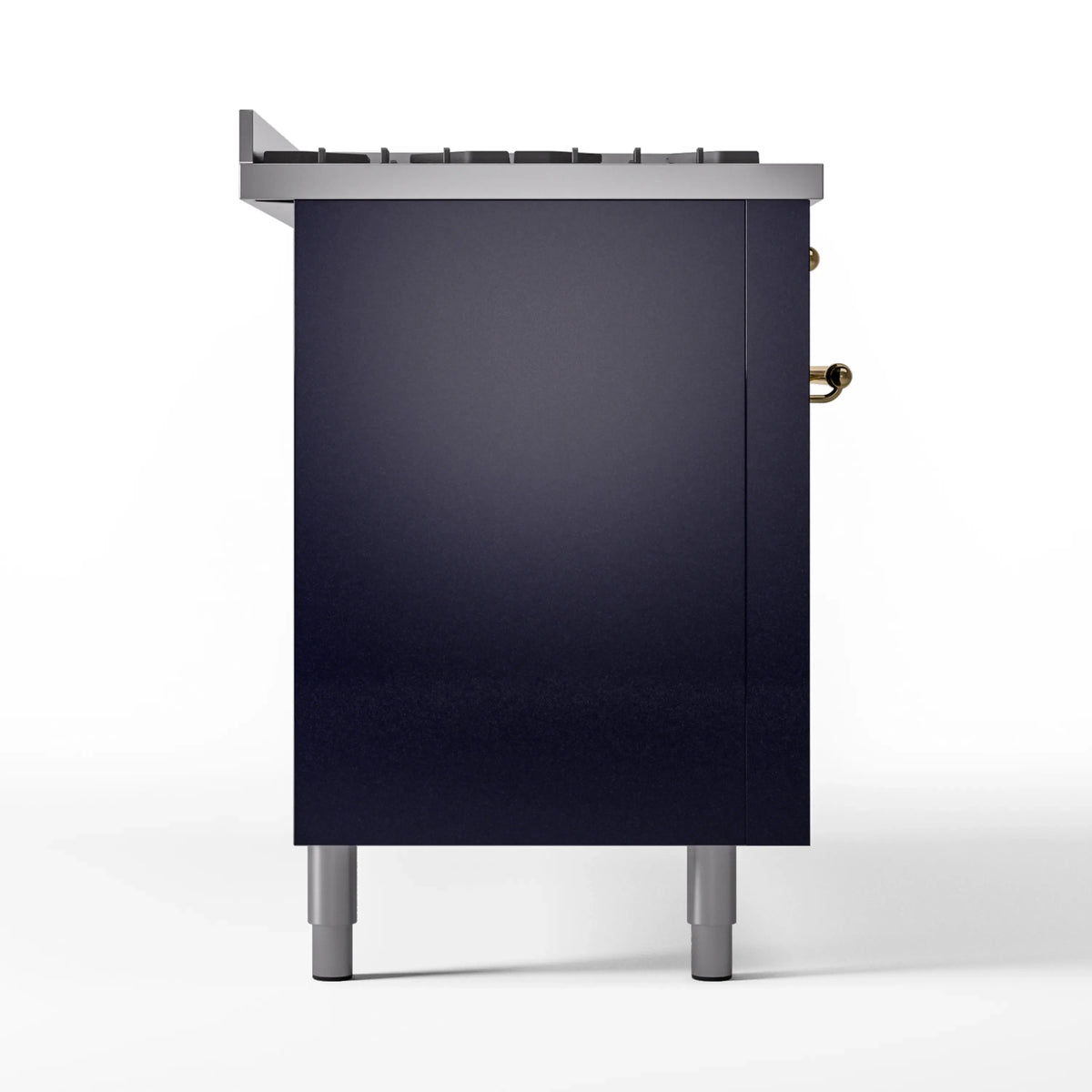 Midnight blue dual fuel gas range side panel with brass knobs and adjustable feet