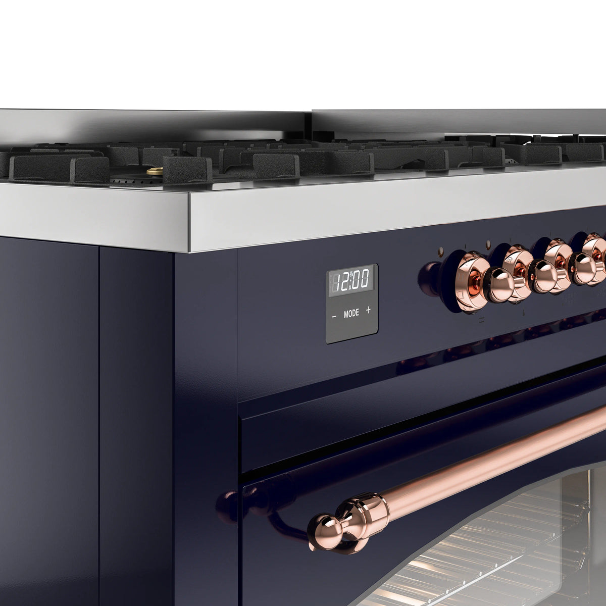 Midnight blue range control panel with copper knobs, clock display, and front handle