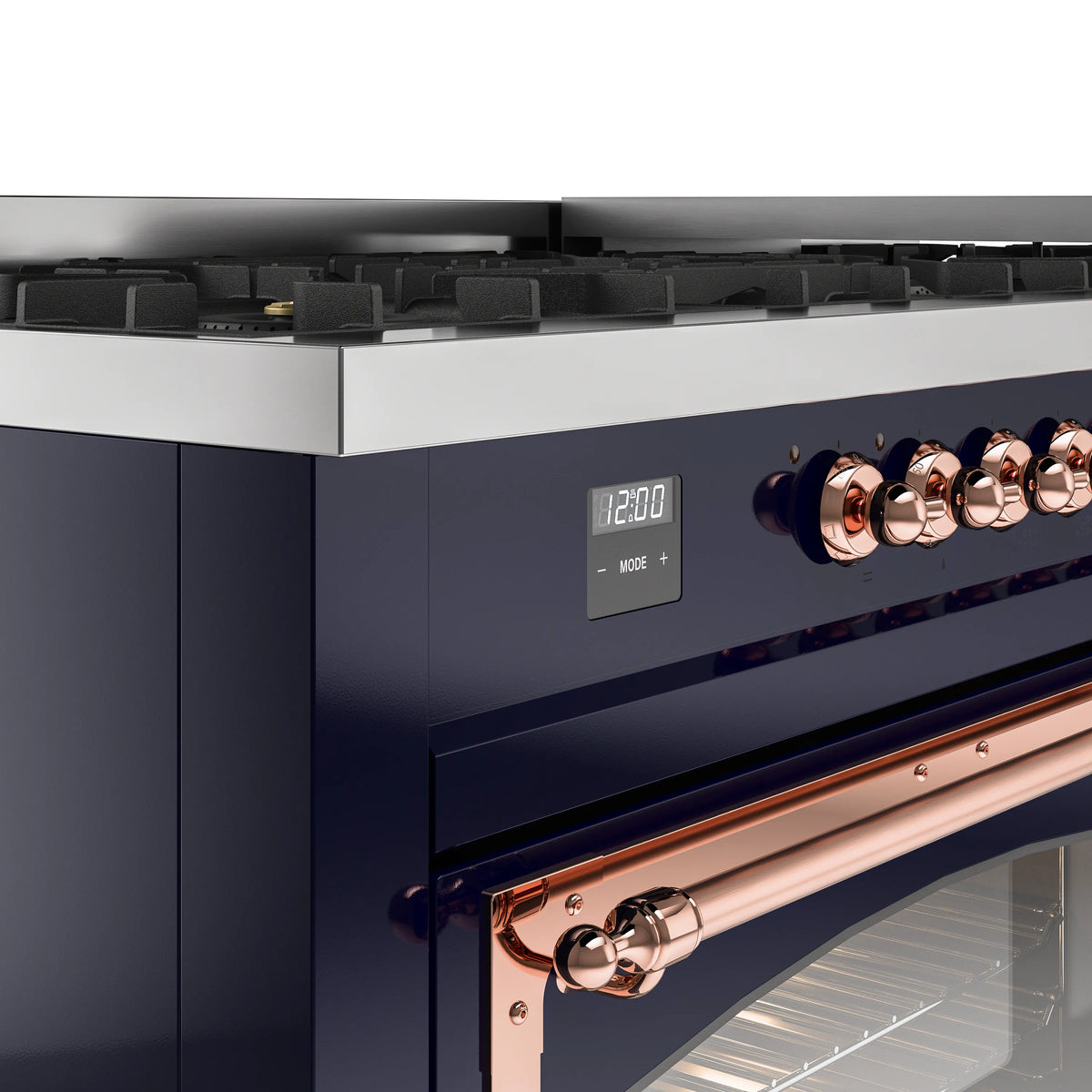 Midnight blue control panel and copper oven handle with digital display