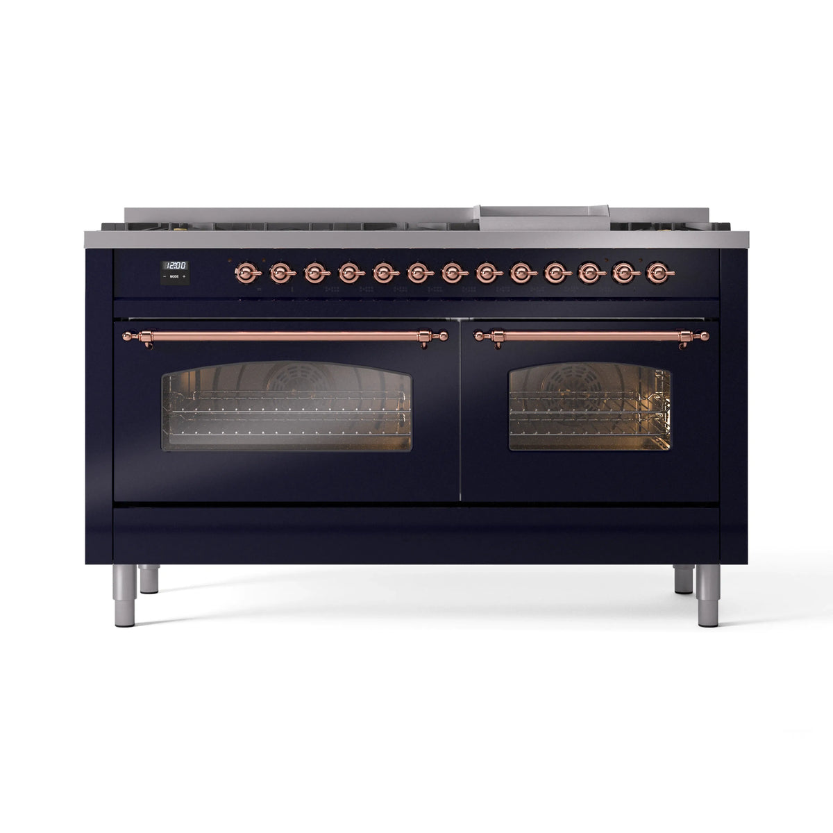 Midnight blue dual fuel range with one oven door open and interior oven heating elements