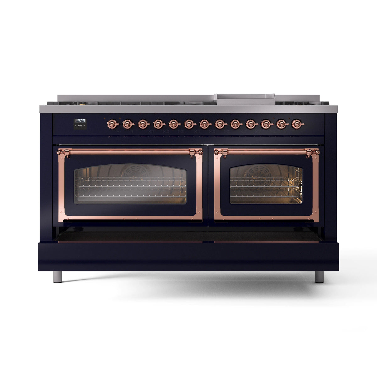 Midnight blue range front view with both ovens open and copper-trim frames