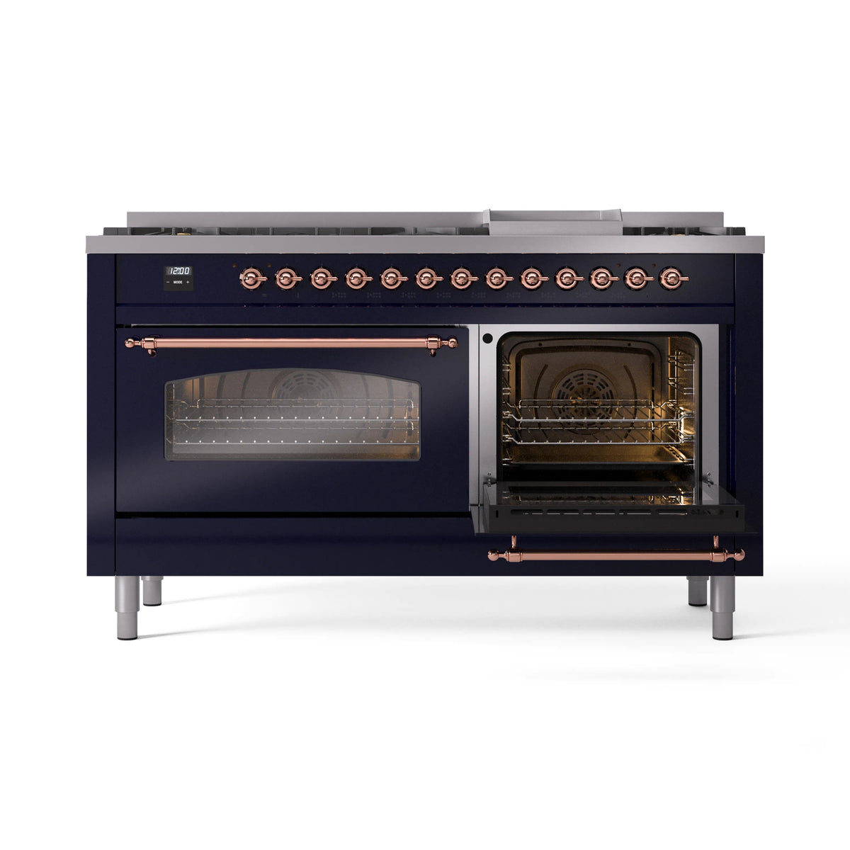 Midnight blue dual-fuel range with two open ovens and copper knobs, front view