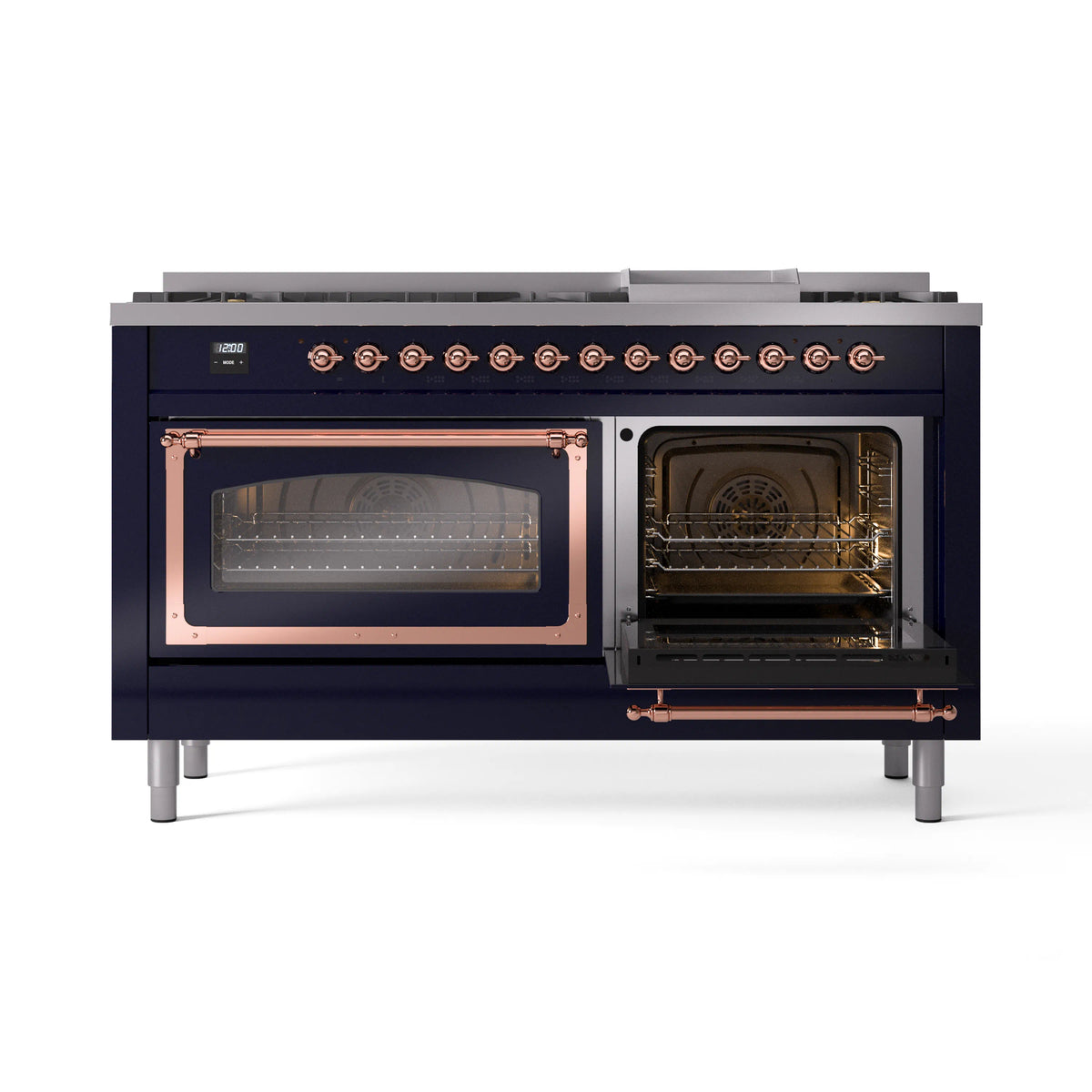 Midnight blue dual fuel range with copper-trim oven door and glass windows