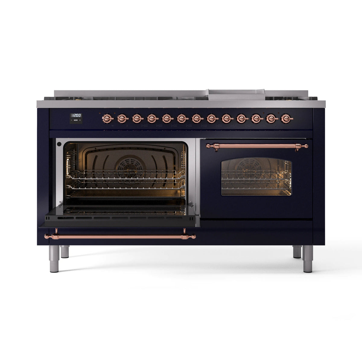 Midnight blue dual-fuel range with both oven doors open and copper burner controls