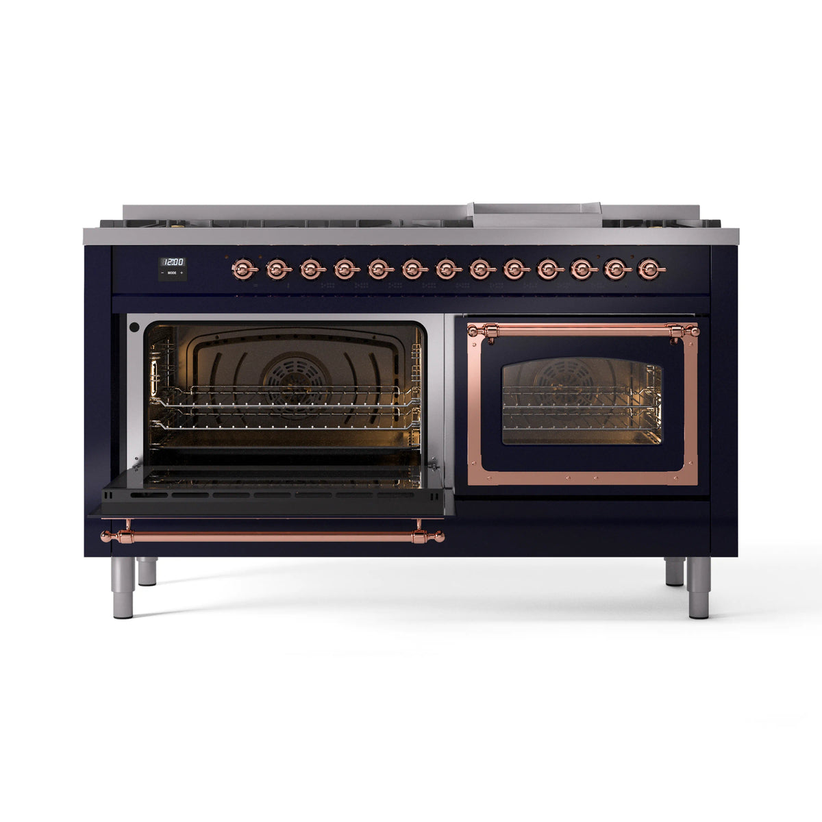 Midnight blue range with open oven doors showing racks and lit burner fan