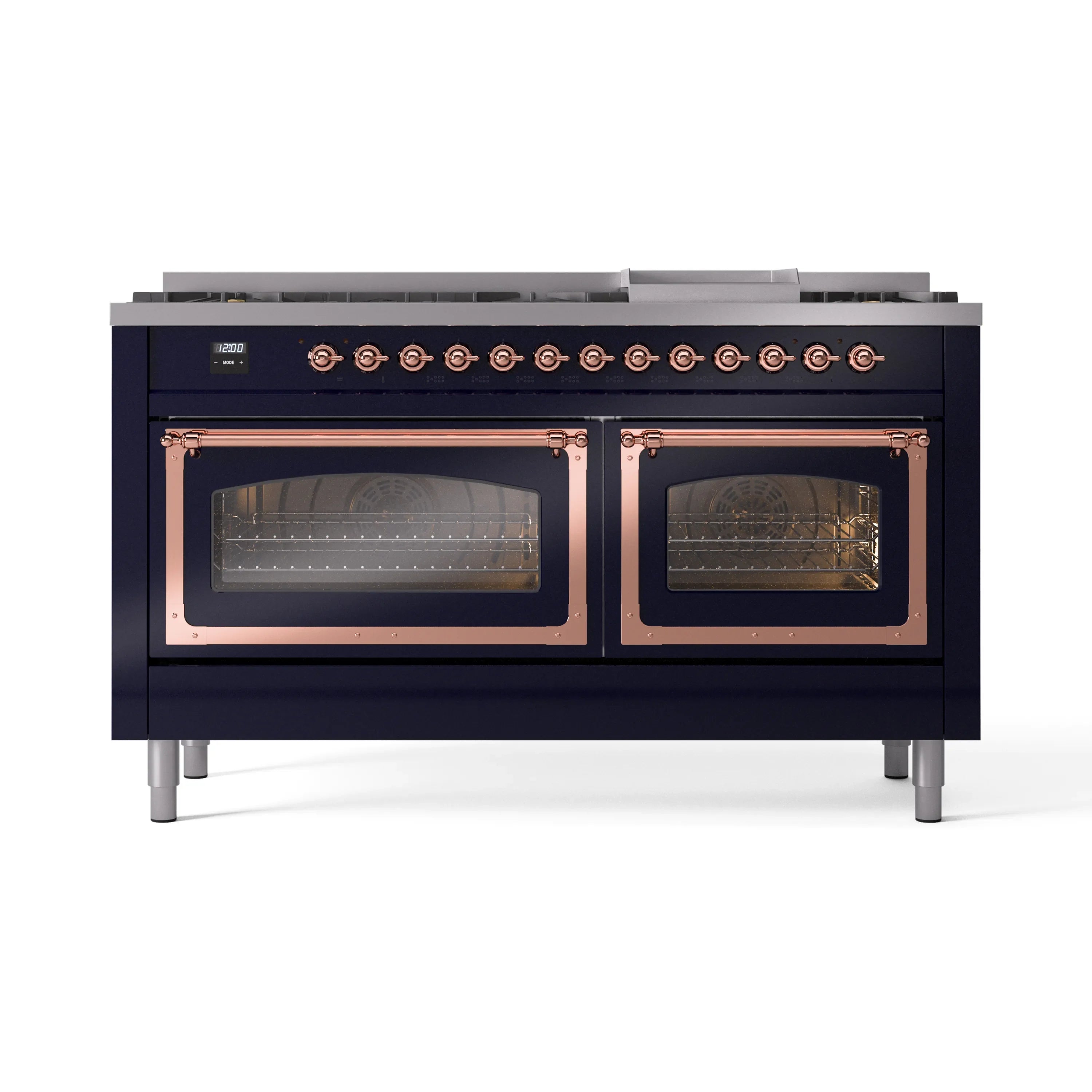 Midnight blue dual fuel range with copper trim, glass oven doors, and control knobs