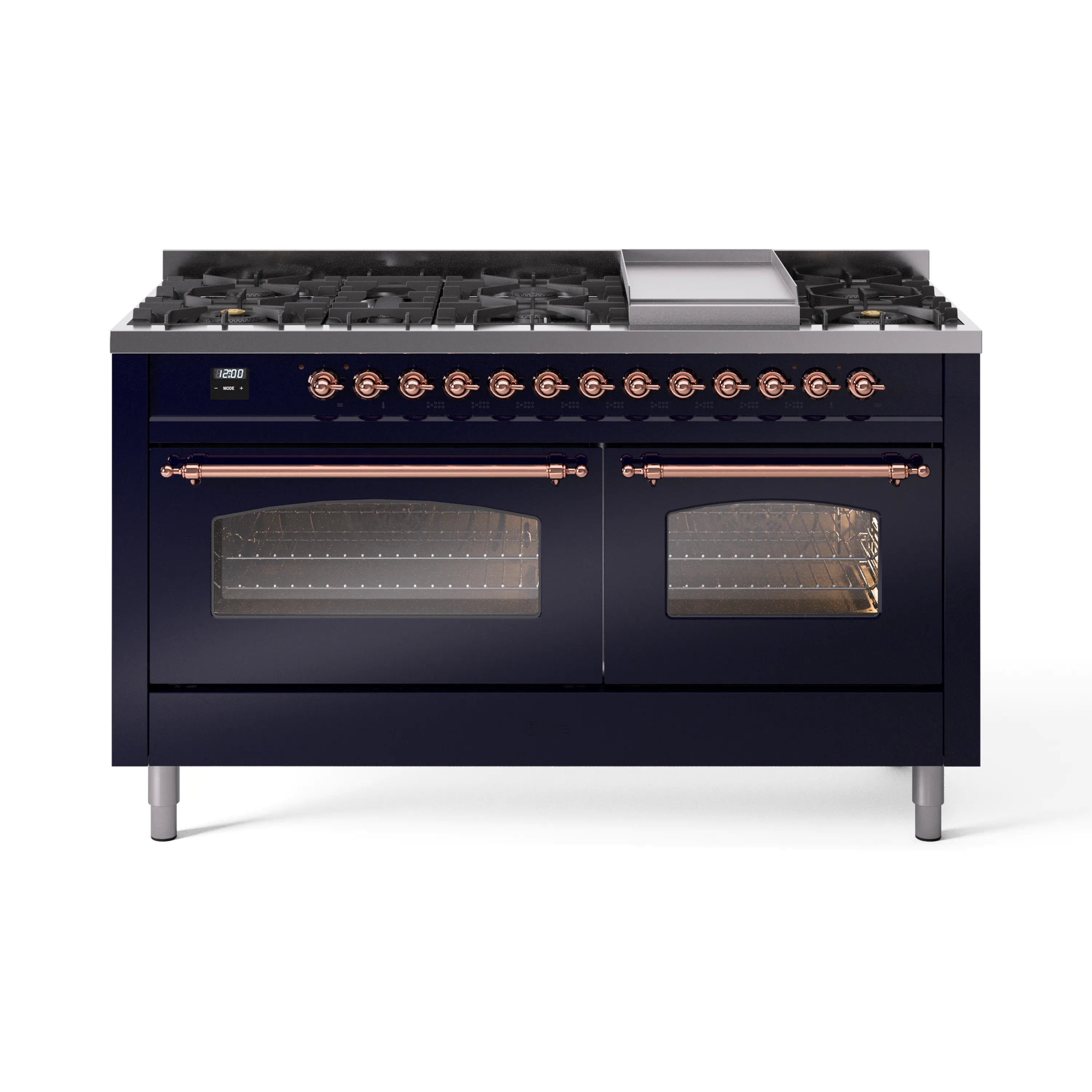 Midnight blue dual fuel range with copper control trim and two glass oven doors