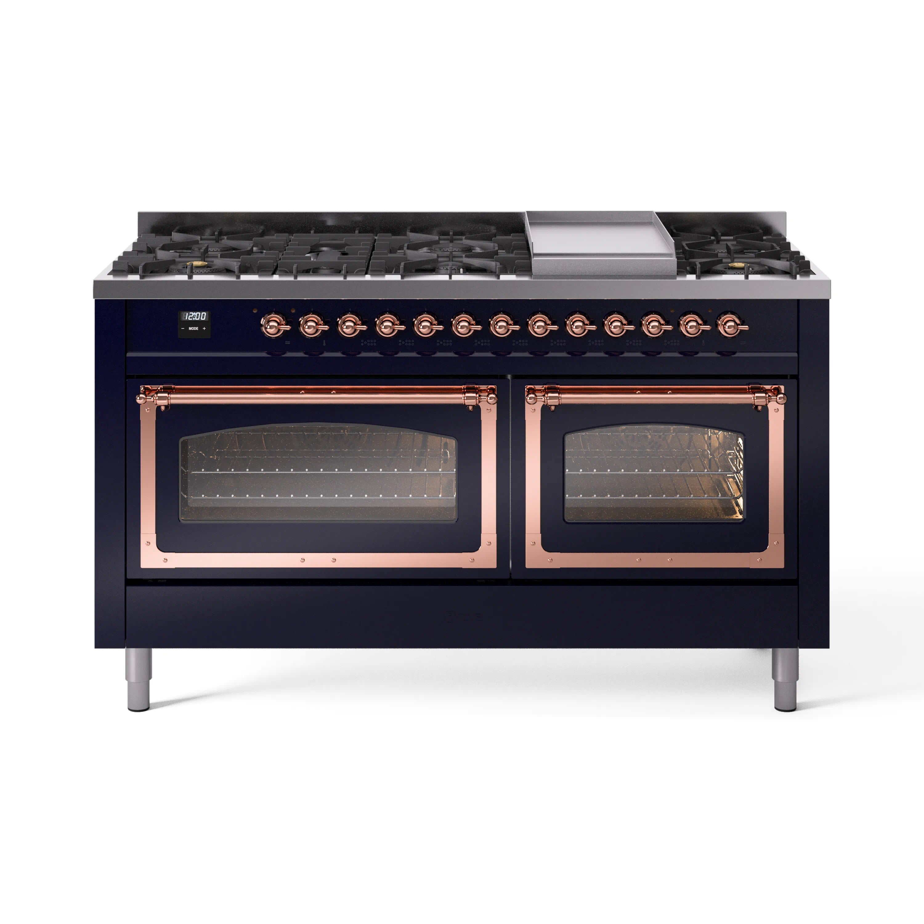 Midnight blue dual fuel range with copper-trimmed double ovens and burner knobs