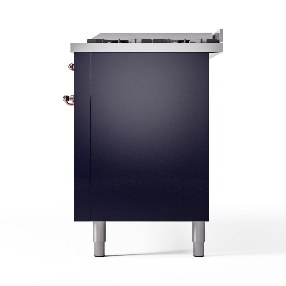 Midnight blue range end panel with copper side knobs and backguard, rear view