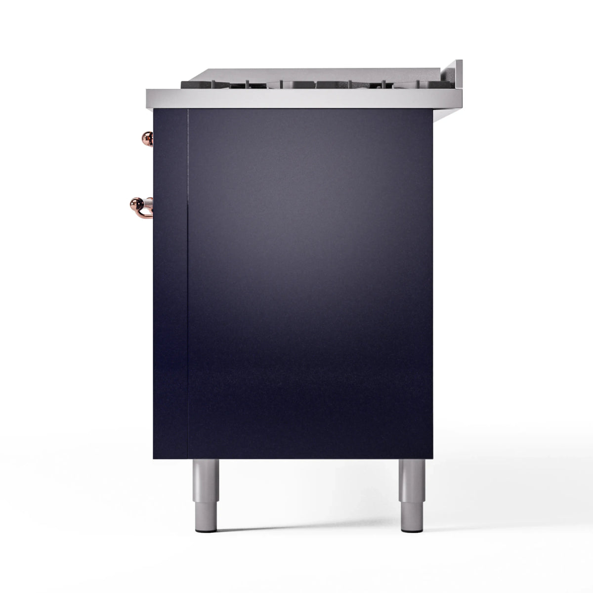 Back view of midnight blue dual fuel range with copper side control handle