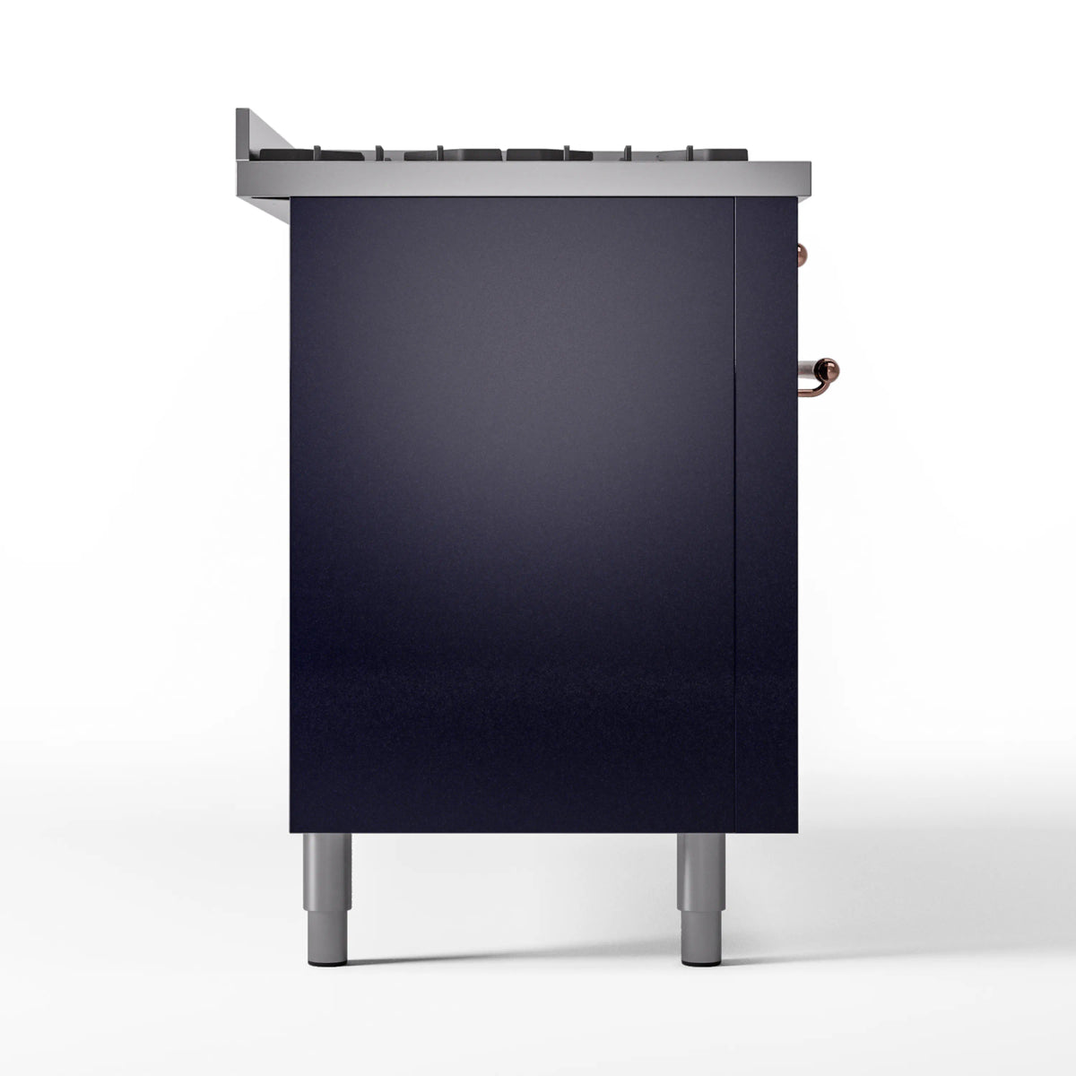 Midnight blue range rear panel with copper side knobs, angled back view