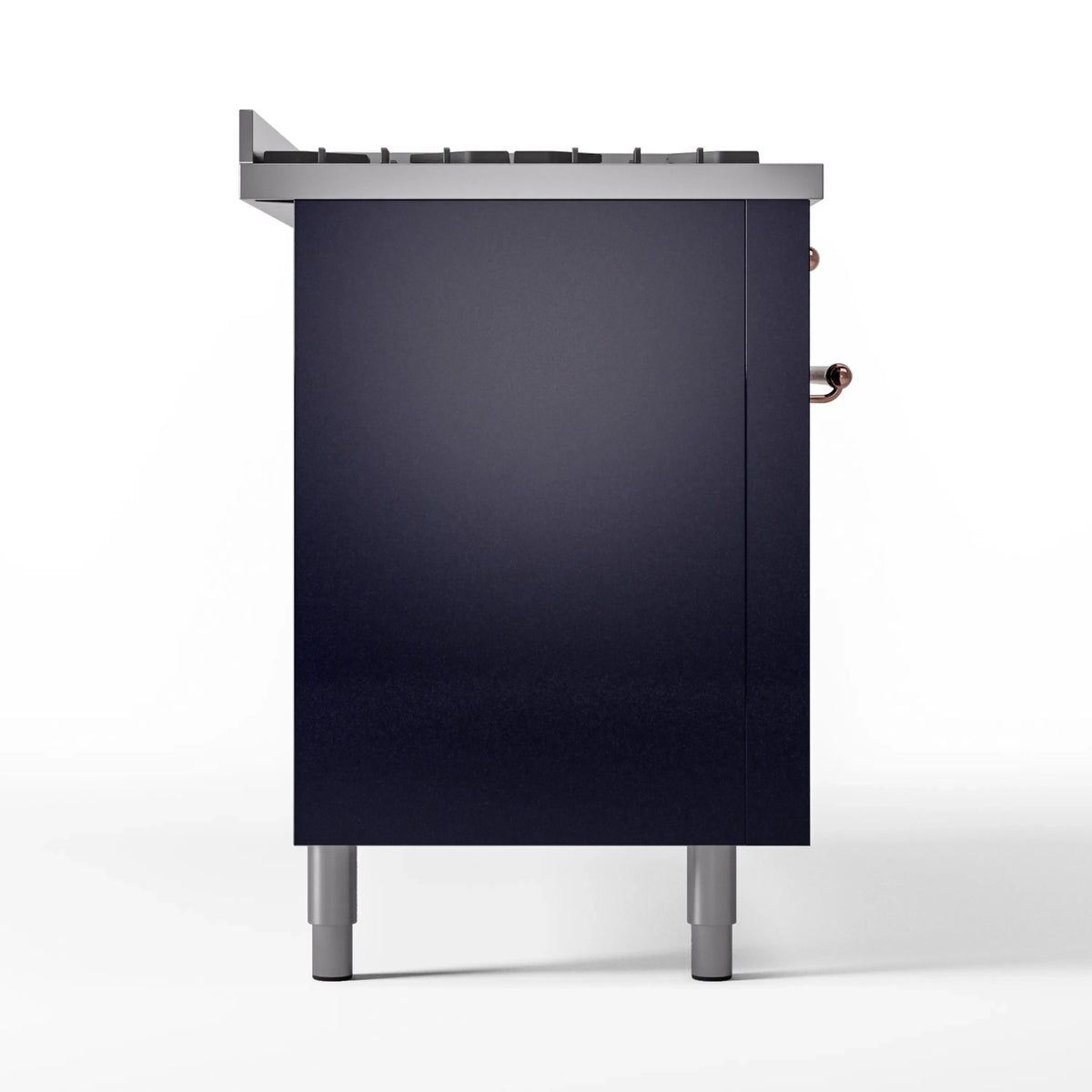 Rear corner view of midnight blue dual fuel range with copper side handle and legs