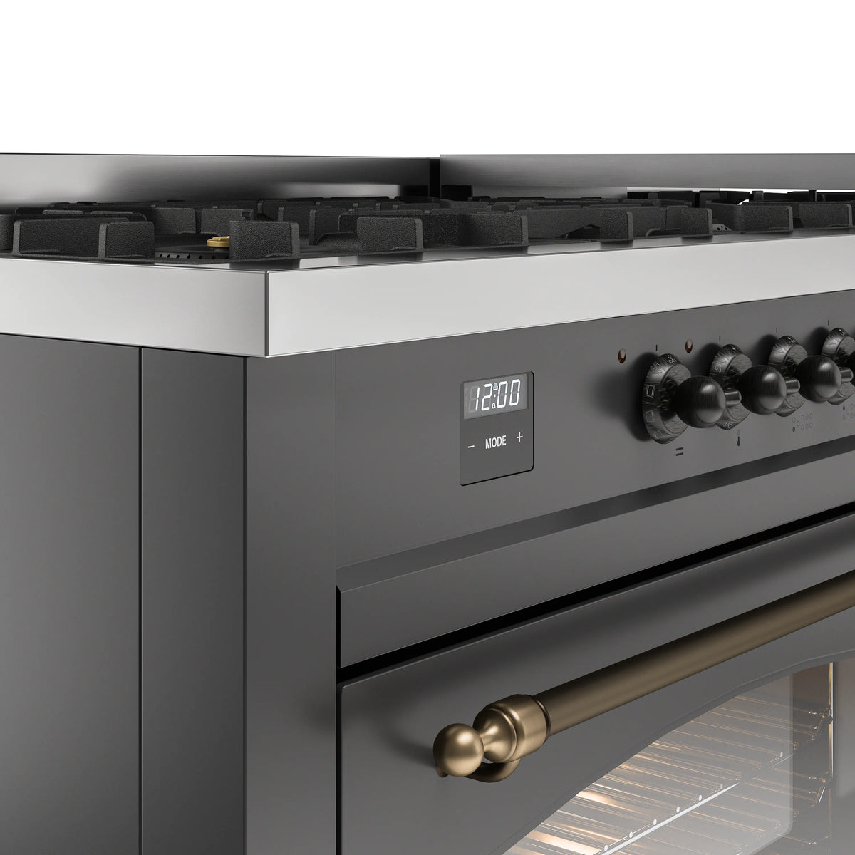 Matte graphite dual fuel range control panel with digital display and bronze knob handle