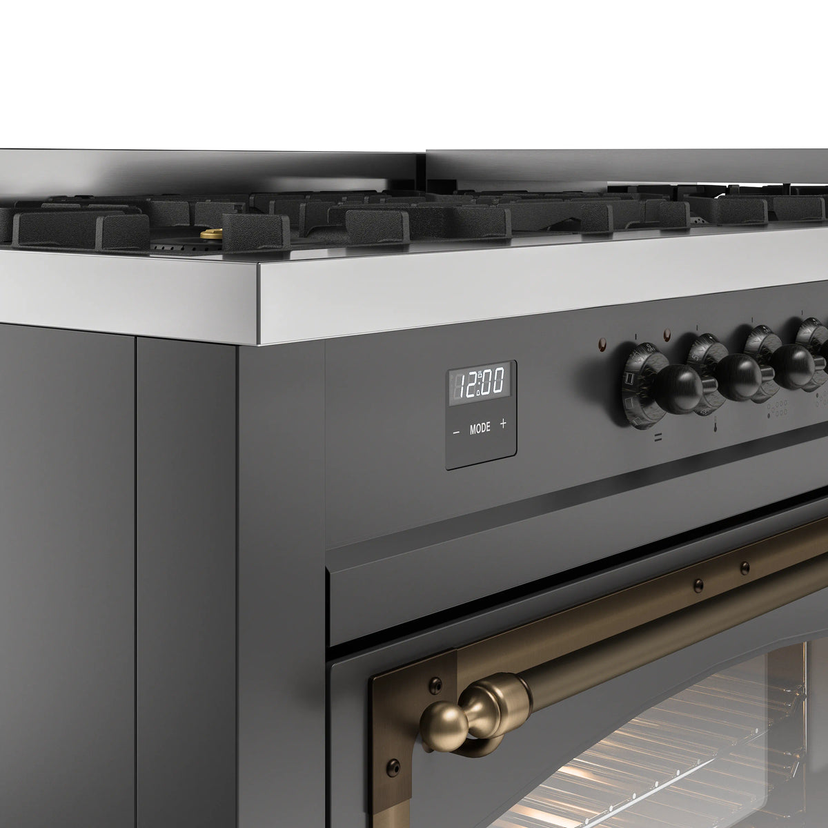 Matte graphite range control panel with LED display, black knobs, and bronze oven handle