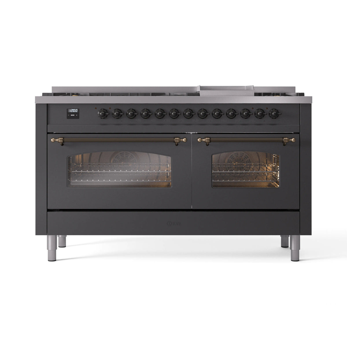 Matte graphite dual fuel gas range with triple glass door ovens and bronze trim handles