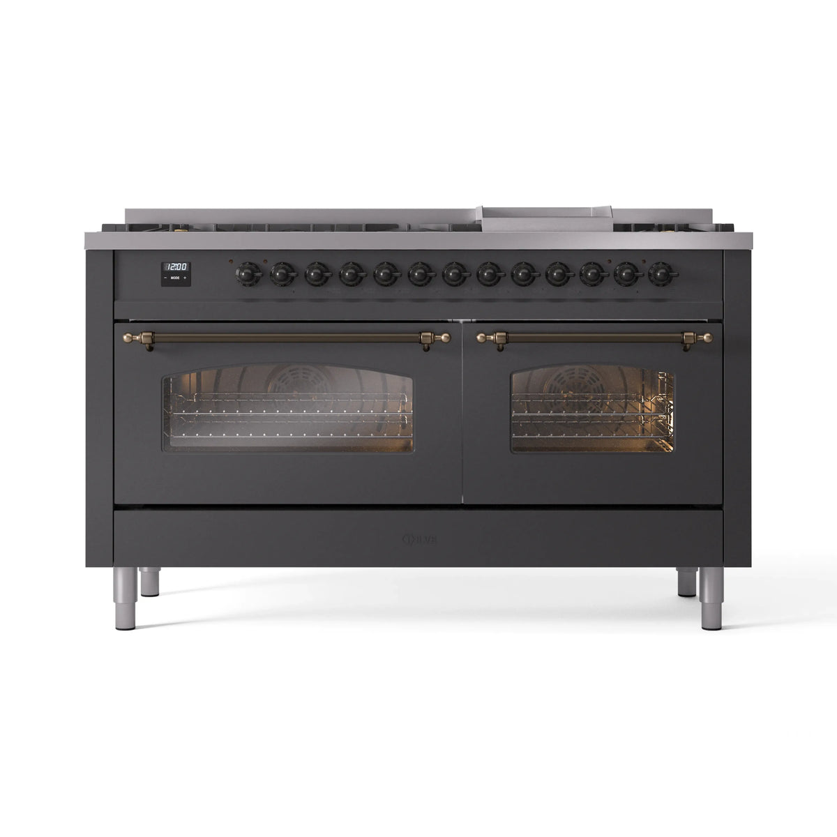 Matte graphite dual-fuel range front with one glass door and bronze-trimmed controls