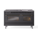 ILVE 60-Inch Nostalgie II Natural Gas Dual Fuel Range with 9 Burners, Griddle and Triple Glass Door Oven in Matte Graphite with Bronze Trim (UP60FNMPMGB)