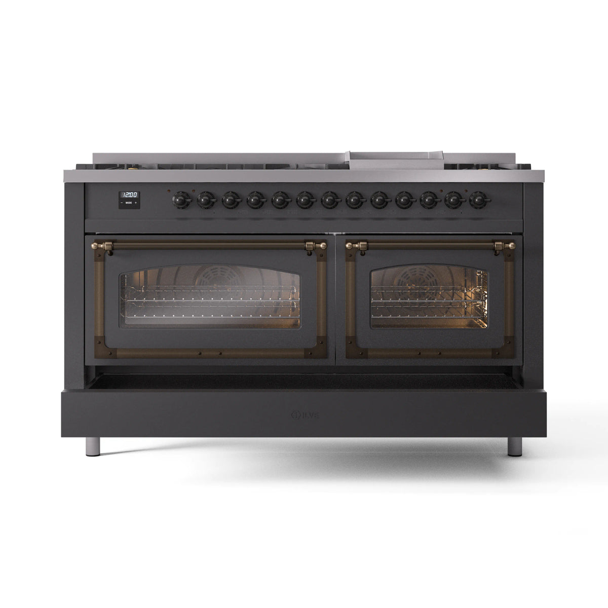 Matte graphite range with nine sealed burners and dual oven doors, bronze trim
