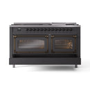 ILVE 60-Inch Nostalgie II Noblesse Propane Gas Dual Fuel Range with 9 Sealed Burners, Griddle, Triple Glass Door Oven in Matte Graphite with Bronze Trim (UN60FNMPMGBLP)