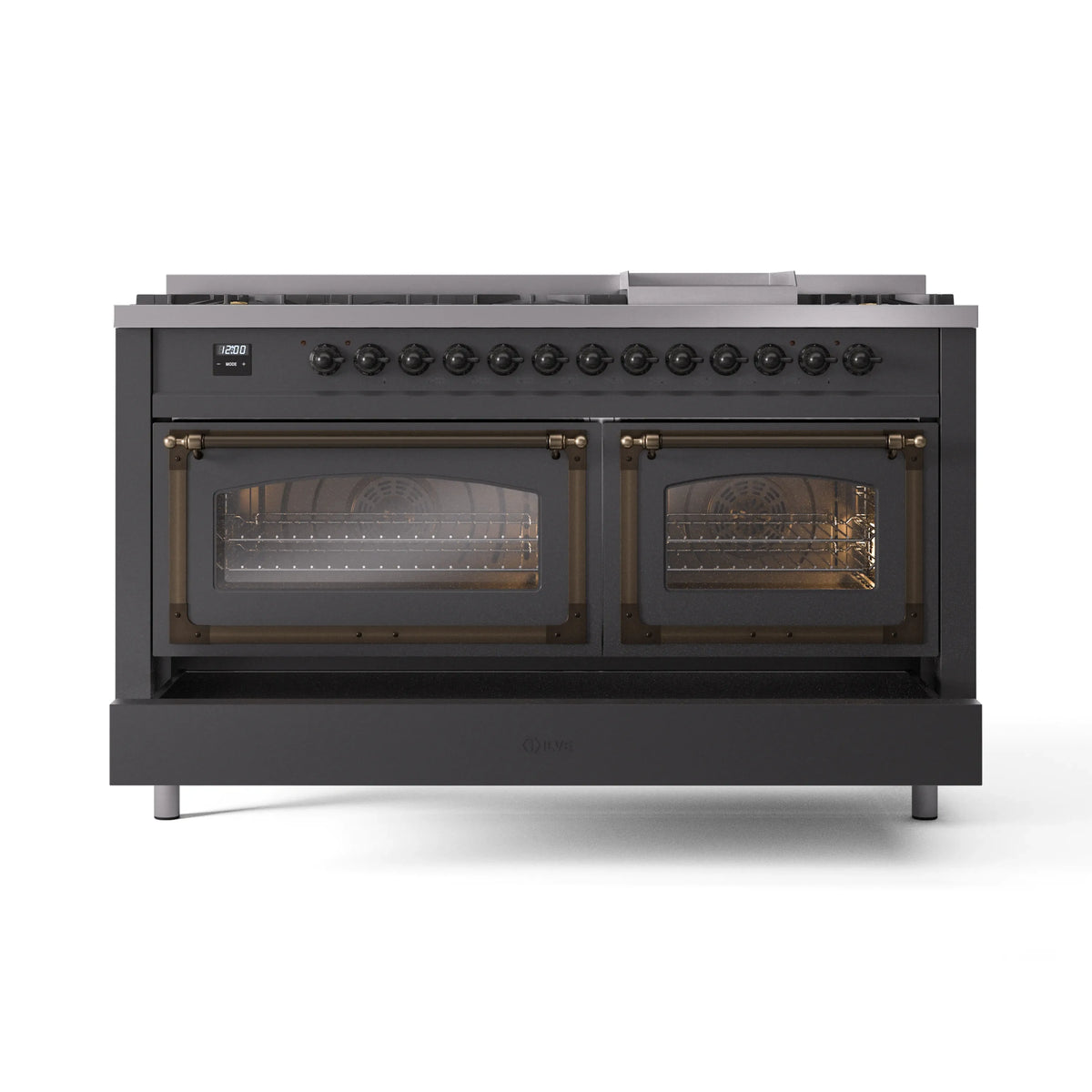 Matte graphite dual fuel range with bronze-trimmed oven windows and two lit ovens