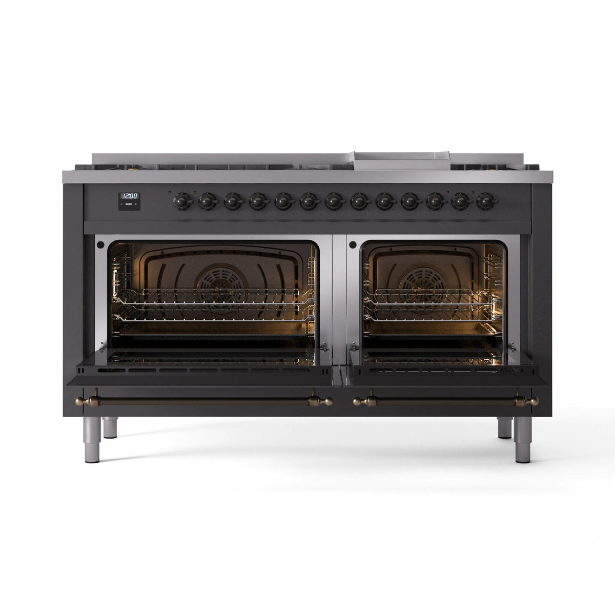 Matte graphite dual fuel range with two open ovens showing racks and interior burners