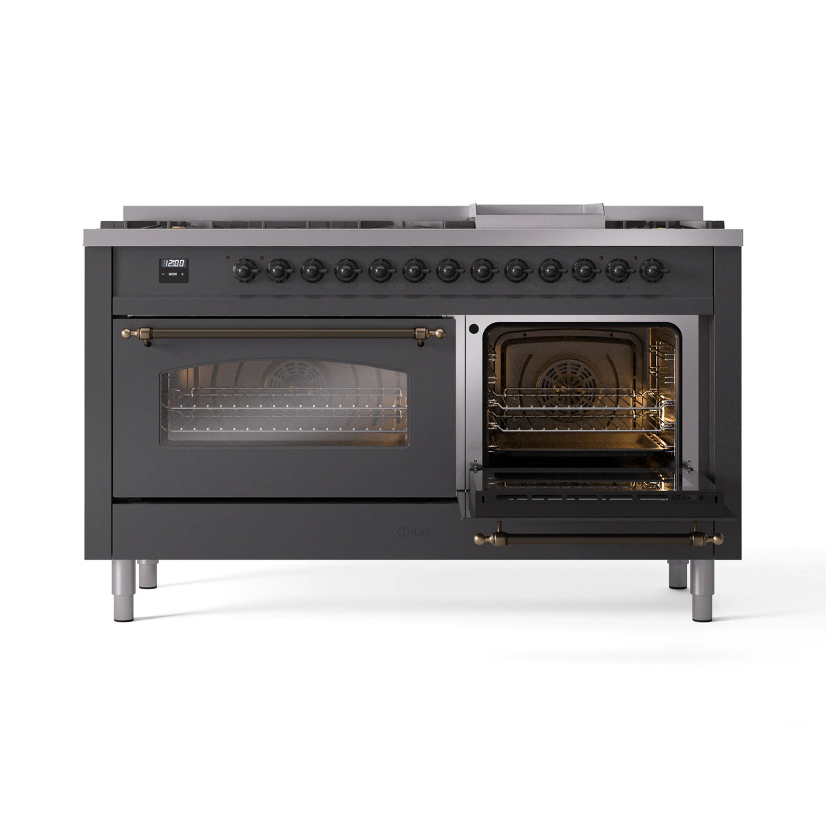 Matte graphite dual fuel gas range with one oven door open and bronze-trim oven handle