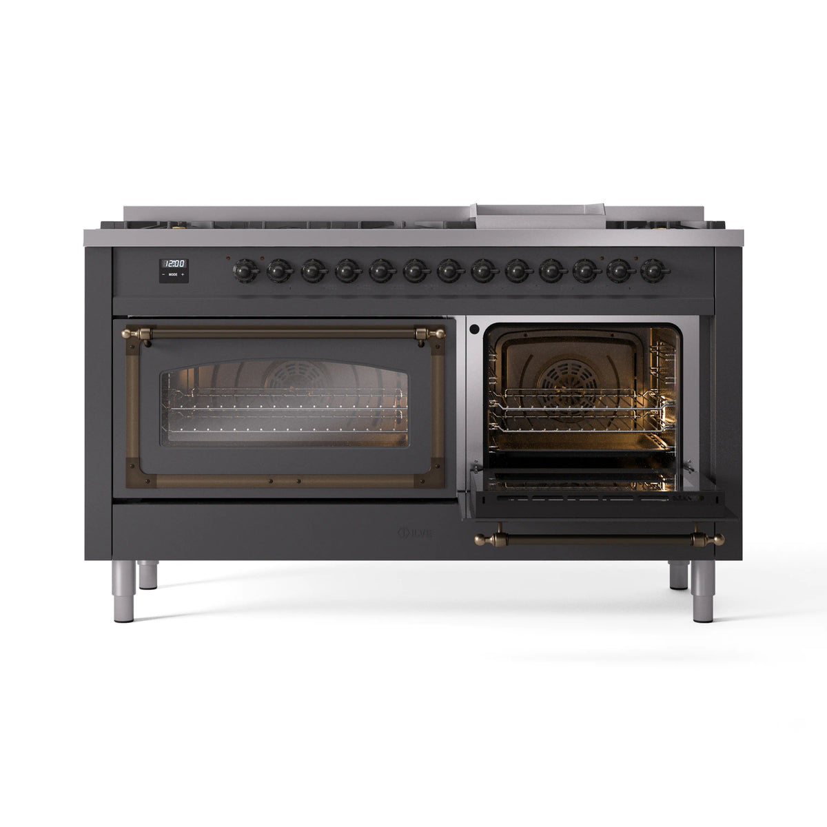 Matte graphite dual oven range with two open doors and bronze handles