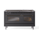 ILVE 60-Inch Nostalgie II Propane Gas Dual Fuel Range with 9 Burners, Griddle and Triple Glass Door Oven in Matte Graphite with Bronze Trim (UP60FNMPMGBLP)