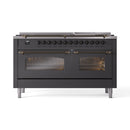 ILVE 60-Inch Nostalgie II Natural Gas Dual Fuel Range with 9 Burners, Griddle and Triple Glass Door Oven in Matte Graphite with Bronze Trim (UP60FNMPMGB)