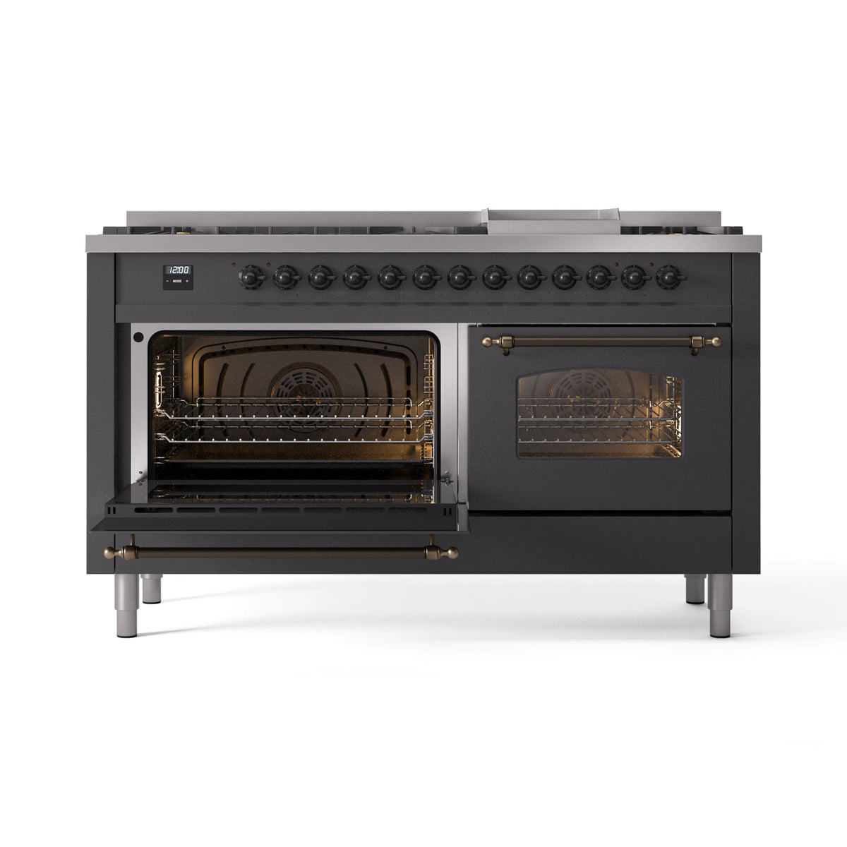 Matte graphite dual fuel range with griddle area and open oven doors showing heating coils