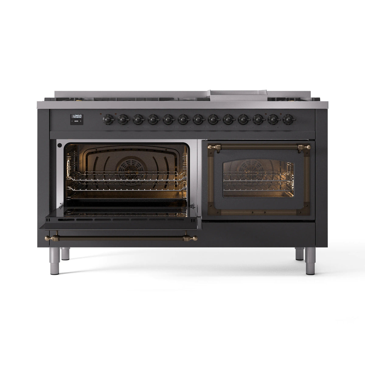 Matte graphite dual oven range with glowing ovens open and bronze-trim door frames