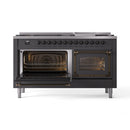 ILVE 60-Inch Nostalgie II Noblesse Propane Gas Dual Fuel Range with 9 Sealed Burners, Griddle, Triple Glass Door Oven in Matte Graphite with Bronze Trim (UN60FNMPMGBLP)