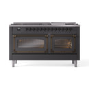 ILVE 60-Inch Nostalgie II Noblesse Propane Gas Dual Fuel Range with 9 Sealed Burners, Griddle, Triple Glass Door Oven in Matte Graphite with Bronze Trim (UN60FNMPMGBLP)