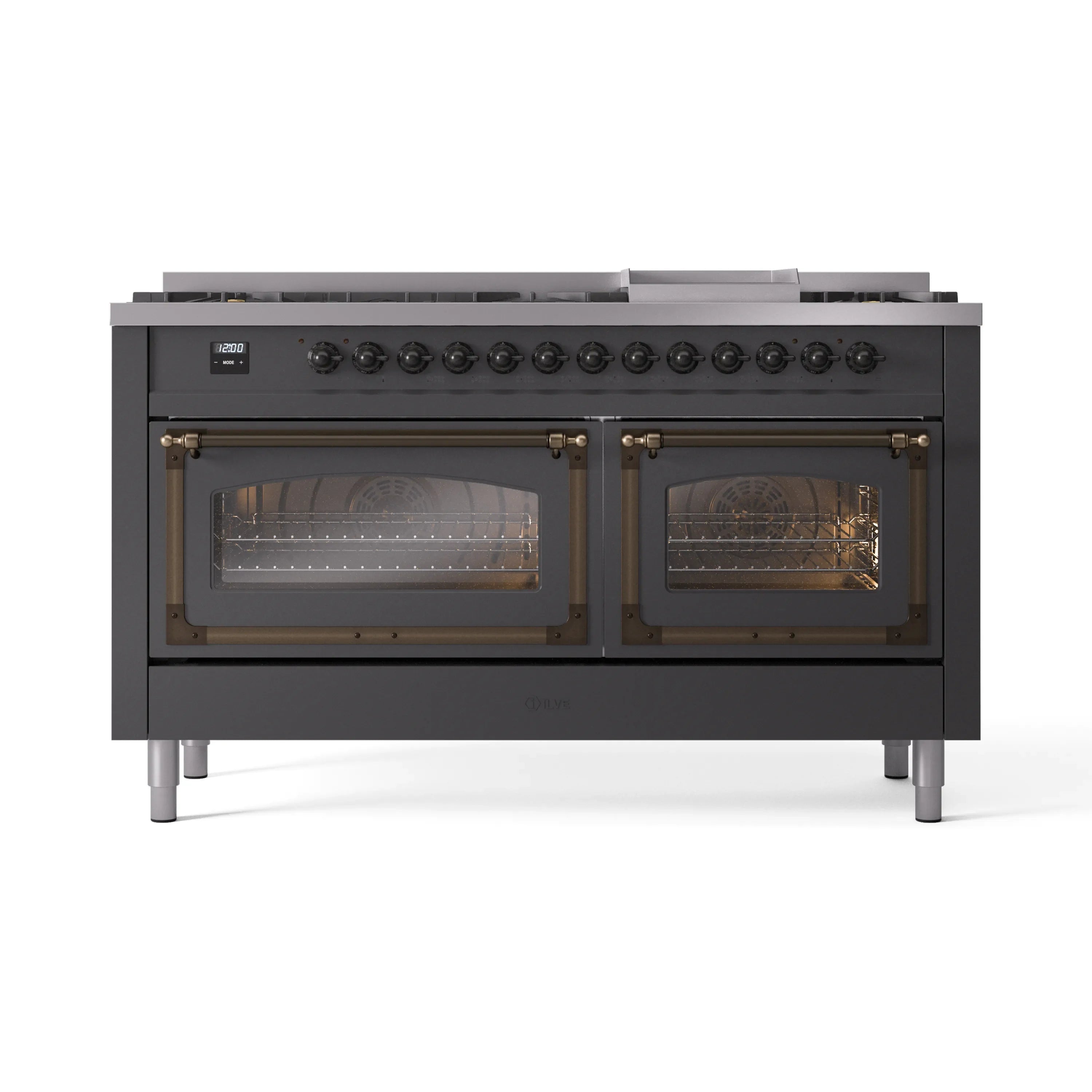 Matte graphite dual fuel range with two bronze-trimmed oven doors and burner control knobs