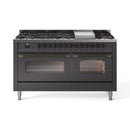 ILVE 60-Inch Nostalgie II Propane Gas Dual Fuel Range with 9 Burners, Griddle and Triple Glass Door Oven in Matte Graphite with Bronze Trim (UP60FNMPMGBLP)