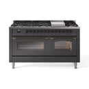 ILVE 60-Inch Nostalgie II Natural Gas Dual Fuel Range with 9 Burners, Griddle and Triple Glass Door Oven in Matte Graphite with Bronze Trim (UP60FNMPMGB)